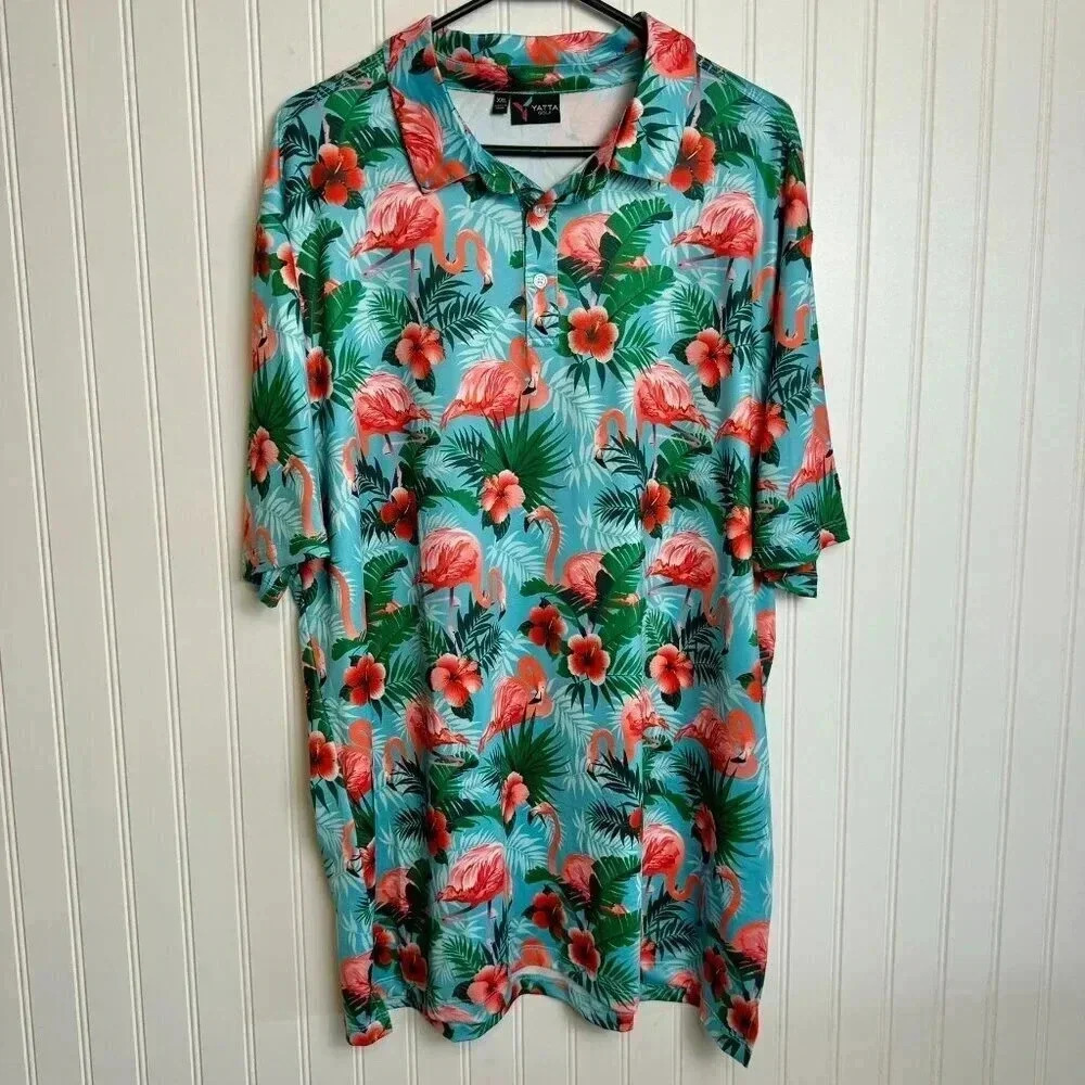 Yatta Golf Pau Hana Pink Flamingo Blue Short Sleeve Polo Men's XXL F21